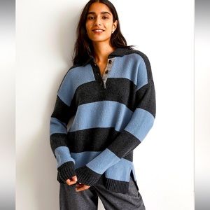 NWT Madewell Rugby Stripe Polo Sweater Charcoal Heather Size XS.